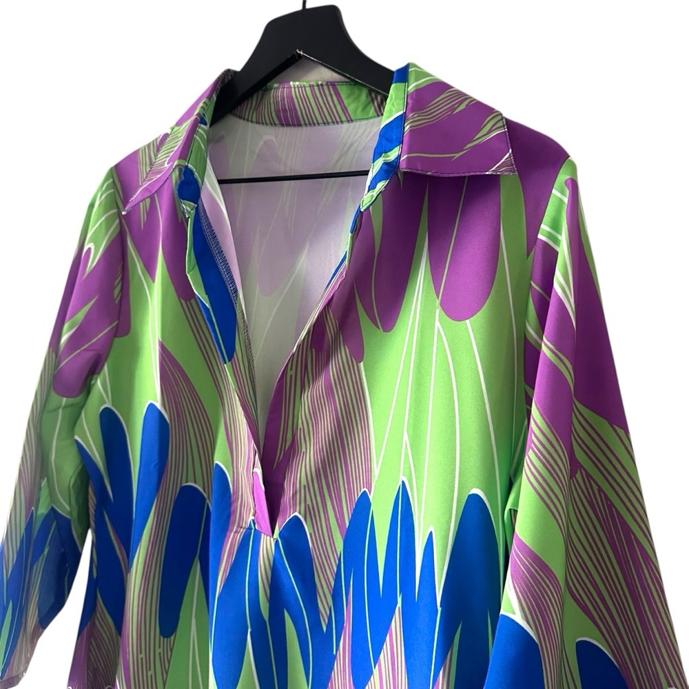 Women's Abstract Collared Dress Size L Green Purple - Picture 2 of 6